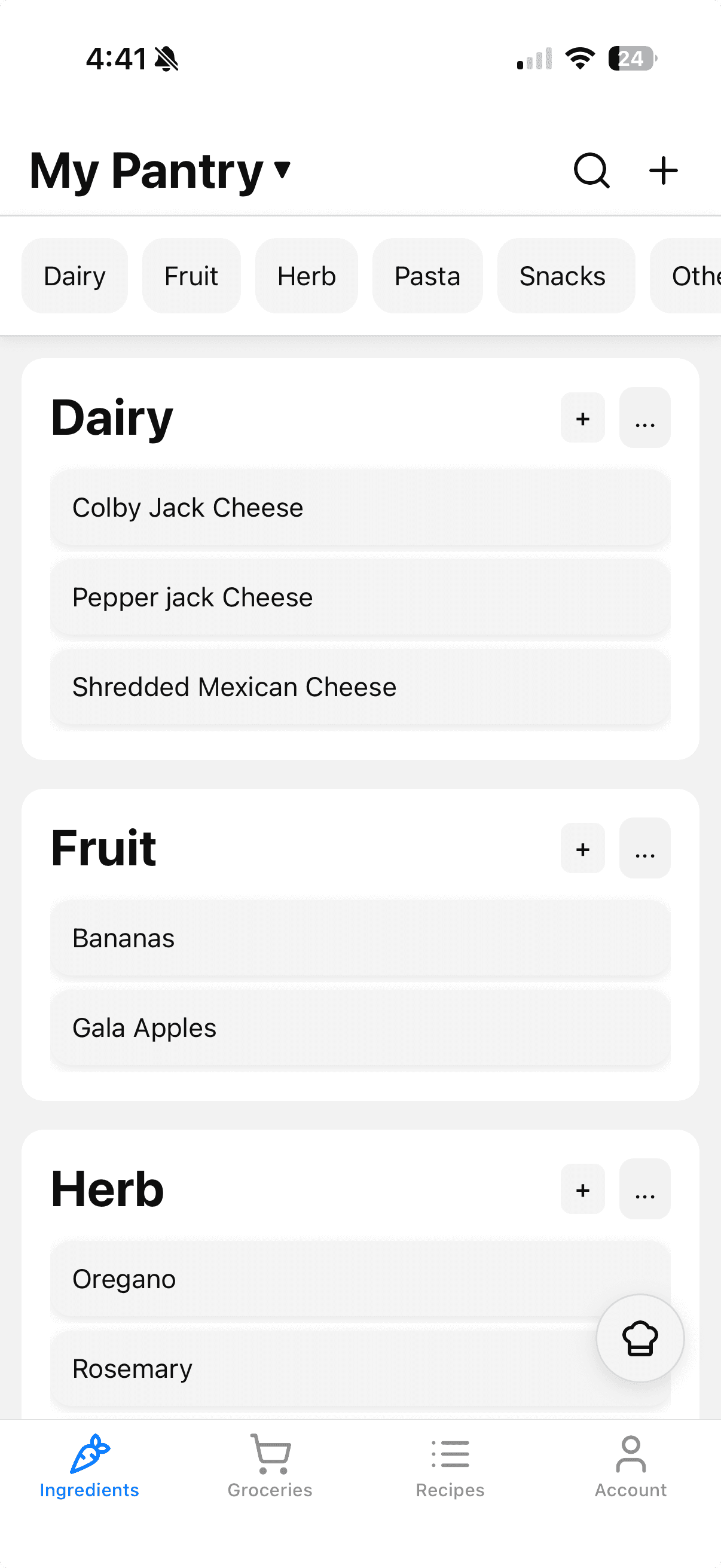 SpiceRack App Screenshot showing ingredients